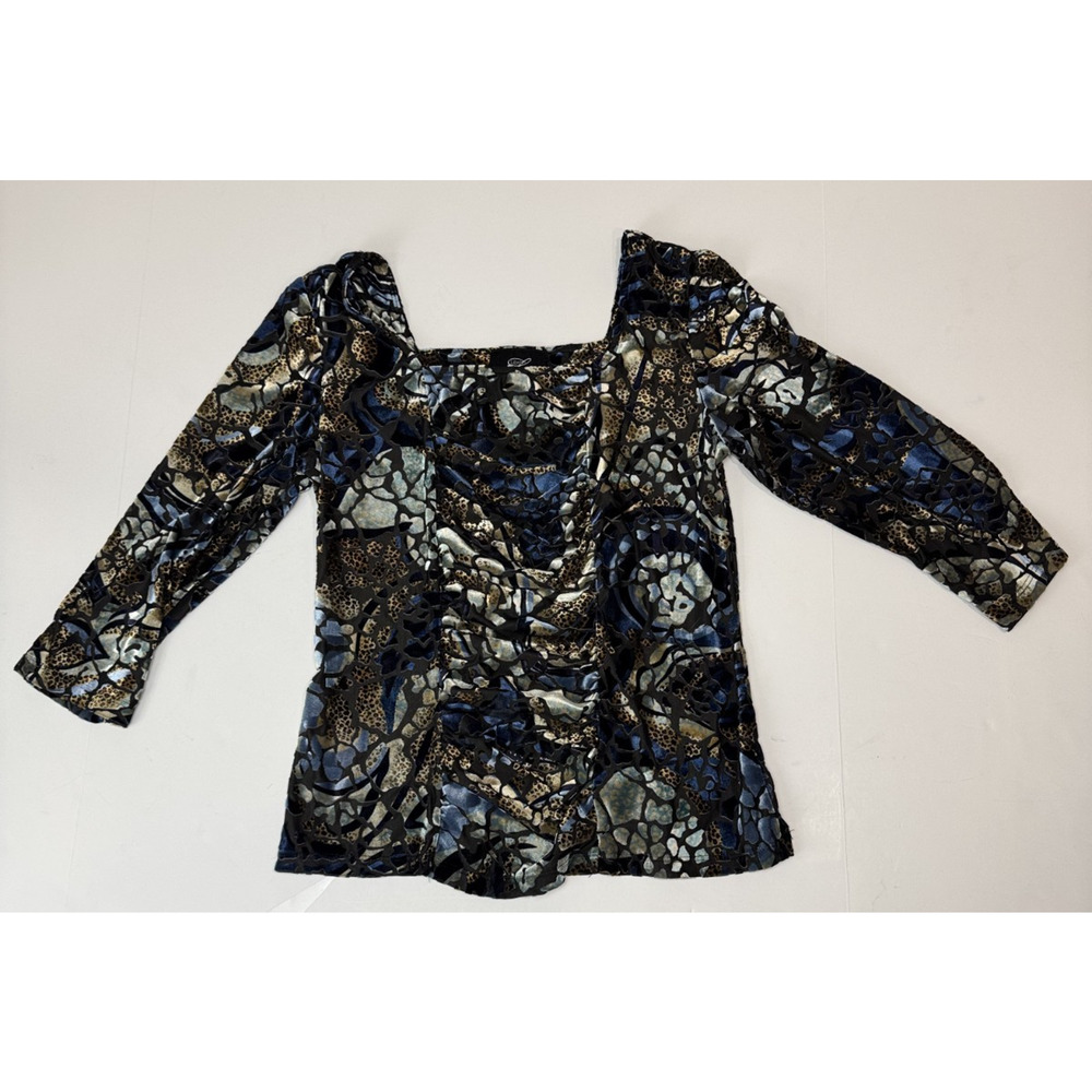 Vintage Velvet Burnout Ruched Libra Top Blue Leopard Y2K Goth Witchy Grunge Med